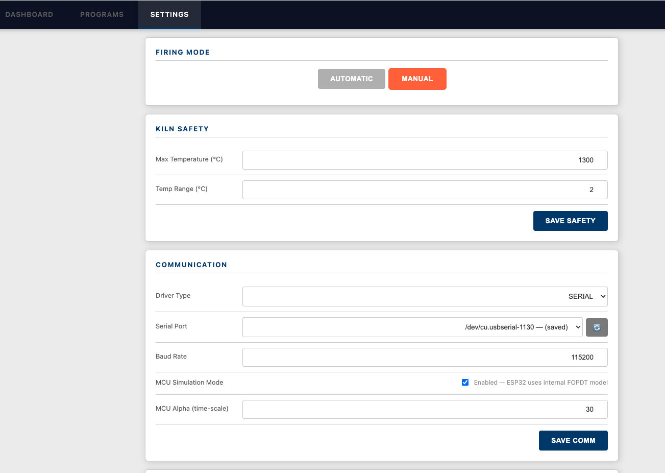 Settings panel